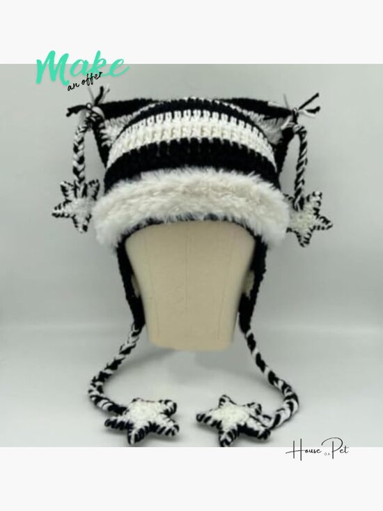 Polyester Knit Beanie with Cat Ears, Y2K Grunge Winter Hat main image 5